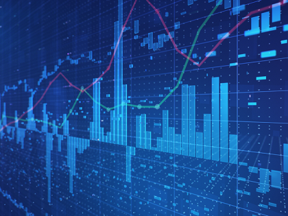 A blue hologram of financial graphs and charts